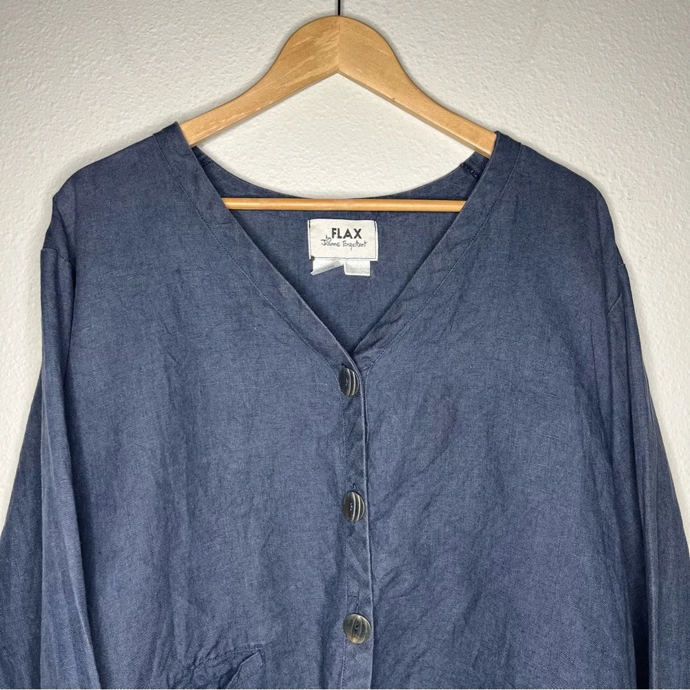 Flax by Jeanne Engelhart Navy Linen Cropped Button Down Cardigan Jacket Top - Picture 3 of 7